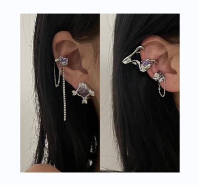 China 2022 Trendy Zircon Fashion Long Tassel Irregular Asymmetrical Purple Cuff Earrings Without Ear Bone Clip Pierced Earrings Set Women for sale