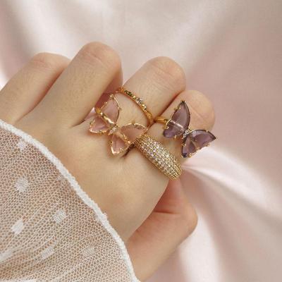 China European and American Factory Popular Fashion Environmentally Friendly Direct Gold Plated Copper Jewelry Crystal Glass Butterfly Opening Ring for Women for sale