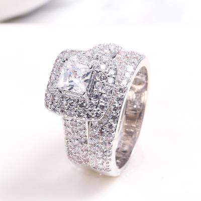 China Environmental Friendly Hot Sale 2 Pcs/Set Full Diamond Square Cubic Zircon Wedding Rhinestone Crystal Cz Engagement Ring For Women for sale