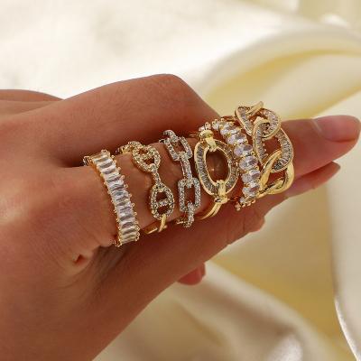 China 2022 Trend FASHION Copper Inlaid Zircon Plated 18k Gold Ring Opening Adjustable Fashion New Geometric Ring For Women Girls Jewelry for sale