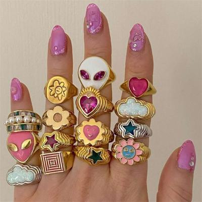 China New Fashion Environmental Friendly 18k Gold Plated Cute Pinky Colorful Enamel Smile Star Lovely Cute Pink Heart Full Finger Band Ring For Women Girls for sale