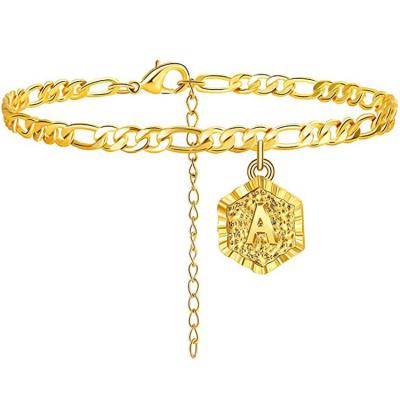 China TRENDY Wholesale 14K Gold Plated 26 Initial Anklet Anklet Chains Summer Fashion Cuban Link Chain Anklets For Women for sale