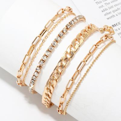 China 6pcs/set Hot Selling Environmentally Friendly Multi Layers Link Chain Anklet Tennis Chain Full Crystal Adjustable Anklet Set For Women Girls for sale