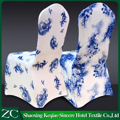 China Knitting custom design blue and white china print air layer fabric hotel banquet polyerster spandex chair cover for sale