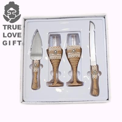 China Exquisite European-style Elegant Wedding Beautifully Decorated Canvas Material Wrapped Tumbler Cake Knife Shovel Four-piece Decorative Glass Set for sale