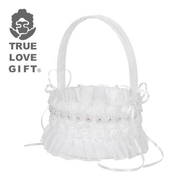 China Hot-selling Romantic Bridesmaid White Wedding Basket with Lace and Bow Western Decoration Wedding Decor Supplies Valentine's Day for sale