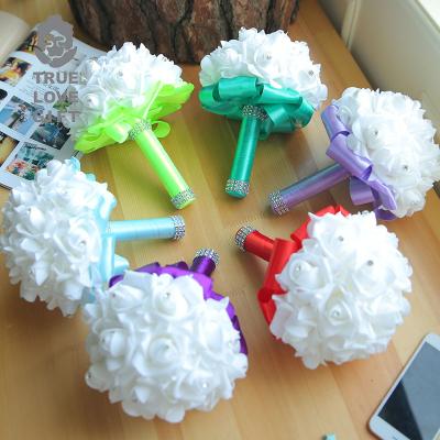 China Personal Gifts Bridesmaid Wedding Bridal Ribbon Beaded Flower Rose Bouquet Multicolor White Simulation Crystal Pearl Silk Bouquet Foam for sale