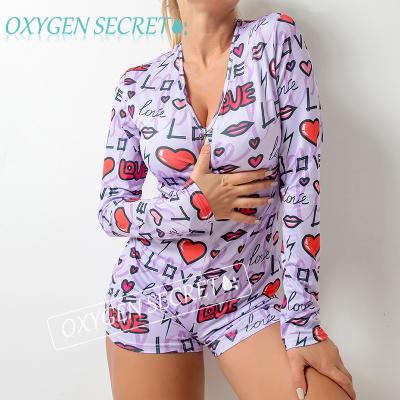 China QUICK DRY Cute Pattern V Neck Bodycon Romper Slim Fit Bule Nightgowns Jumpsuit Onesie Printed Sexy Pajamas For Adult for sale