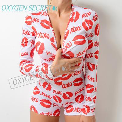 China New Arrival QUICK DRY Lip Print Pattern Printed Bodycon Pajamas Onesie Adult V-neck Long Sleeve Long Sleeve Slim Romper Sleepwear Sexy Shorts Overalls for sale