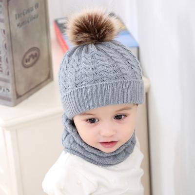 China Fashion\Wholesale Comfortable\Durable 2 Pieces Customized Kids Winter Warm Knit Fur Pom Pom Hat Scarf Kids Toddler Beanie Scarf Hat Faux Set for sale