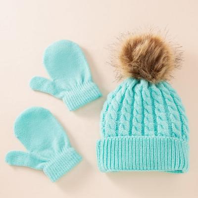 China European American new wholesale children's knitted suits baby winter thickened woolen warm beanies and gloves sets children's beanies for sale