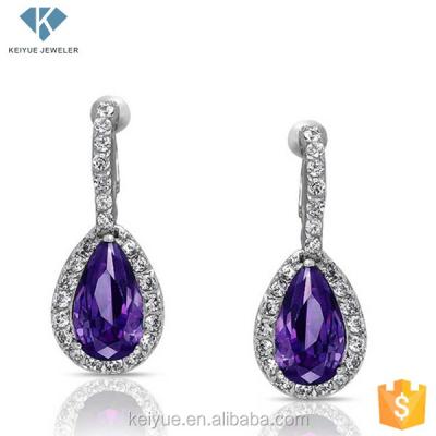 China CLASSIC Rhodium Plated Brass Amethyst CZ Teardrop Clip On Earrings For Non Pierced Ears for sale