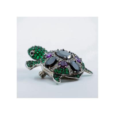 China Custom Antique Silver Plated Animal Tortoise Latter Zircon Stone Brooch Fashionable Colorful Rhinestone Jewelry Brooch for sale