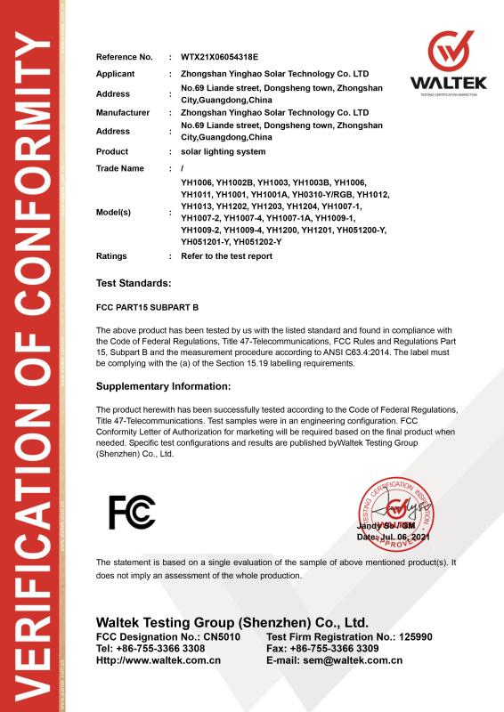 FCC - Zhongshan Yinghao Solar Technology Co., Ltd.