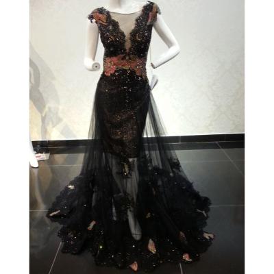 China Anti-Static Black Tulle Fabric Sparkly Rhinestone Evening Dress for sale