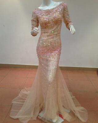 China Anti-Static Boat Neck Long Sleeve Sequin Prom Dress Beading Formal Dresses for sale