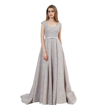 China Gray Color Cap Sleeve Lace Simple Design Ladies Anti-Static Evening Dresses for sale