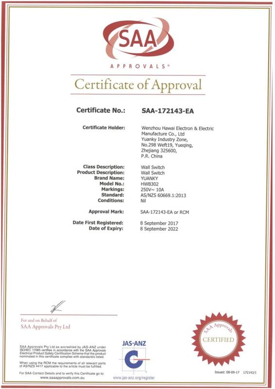 SAA - Wenzhou Hawai Electron & Electric Manufacture Co., Ltd.