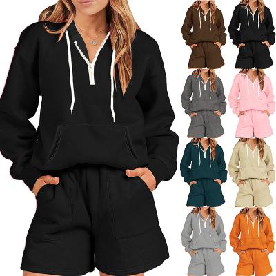 China QUICK DRY 8 Colors Bulk Logo Tracksuit Womens Biker Shorts Custom Wholesale Sets Zipper Hoodie Full Waist Elastic Shorts With Pockets for sale