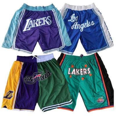 China Custom Sublimated Antibacterial Vintage Basketball Shorts Quilted Mesh Mens Quick Dry Los Angeles Laker Just Put On Basketball Pocket Shorts for sale