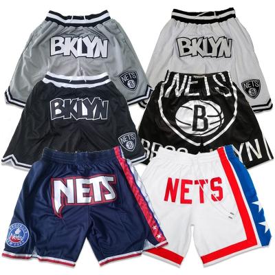 China Brooklyn Nets Basketball Short Pants Antibacterial Custom Sublimated Embroidery Breathe Free Mens Retro Mesh Just Don Basketball Shorts for sale