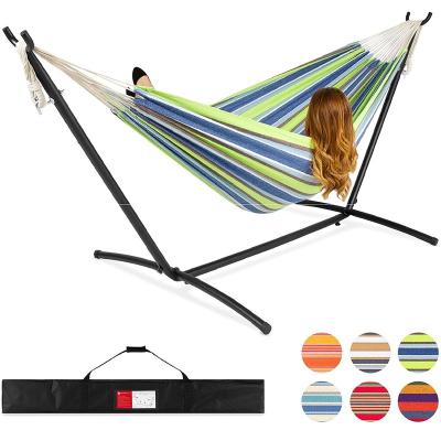 China Portable Double Hammock Stand Cotton Canvas Hammock Collapsible Foldable Adjustable Steel Hammock Stand With Stand for sale