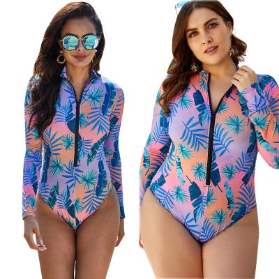 China New Plus Size Plus Size Swimwear Long Sleeve One Piece UPF 50+ For Women Floral Zipper Sporty Swimwear S-5XL Swimsuit for sale