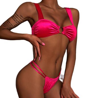 China 2022 Women's Breathable Pink Velvet Bikini V-neck Cut Out Luxury Two Piece Vintage Strappy Bikini Sets Bathing Suit Swimwear for sale