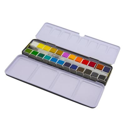 China Metal Box +Calcium Carbonate Art Supplier 24 Colors Solid Water Color Set Watercolor Paint Set With Brush Metal Box for sale