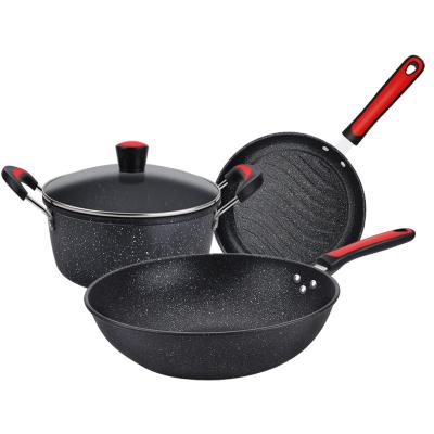 China Sustainable Cooking Tools Gift Set Of Three Wheat Rice Stone Nonstick Household Induction Bottom Cookware Set for sale