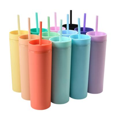 China Sustainable Manufacturers Selling Straight Water Cups Hot Drinks Insulated Cups 16OZ Double-Layer Plastic Frosted Straw Cups for sale