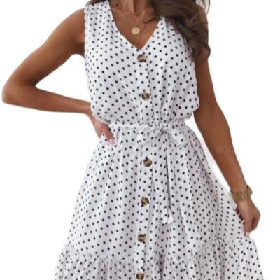 China Anti-Wrinkle Dot Print Black White Fancy Summer Casual Dress Women Elegant Ladies for sale