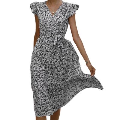 China Anti-Wrinkle V-Neckline Dresses Pleated Casual Sleeve Elegant Midi Dress Women for sale