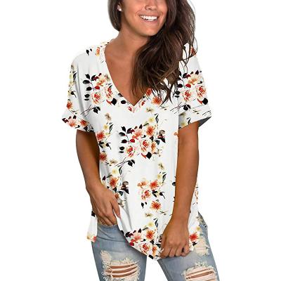 China Anti-Wrinkle Floral Print Plain Female Casual Graphic Women's T-Shirts V-Neckline for sale