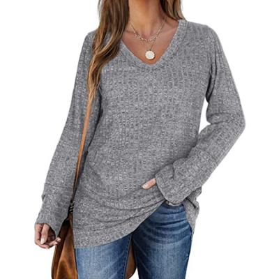 China Breathable Hot Selling Solid Color V-Neck Long Sleeve Casual T-Shirt For Women for sale