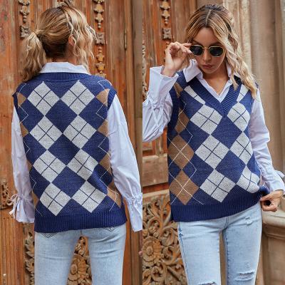 China Autumn Rhombus V-neck Sweater Anti-pilling Knitted Vest Women for sale