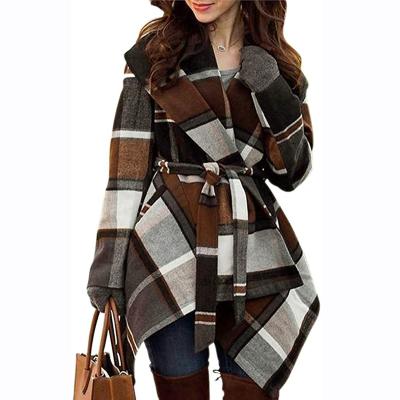 China Coat With Belt Plaid Black White Grid Turn Down Collar Winter Jacket Cashmere Coat Long With Belt For Women Girls for sale