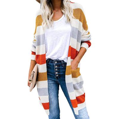 China Breathable Open-Front Long Cardigans Crochet Stripe Sweater Coat For Women for sale