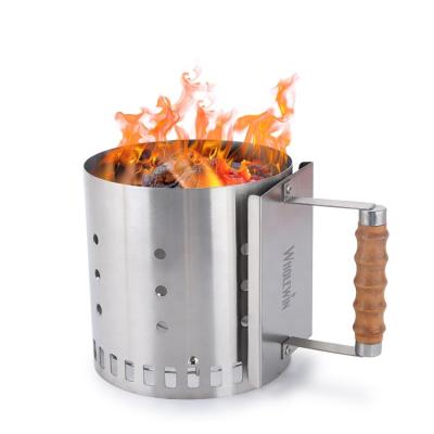 China Wholesale High End Heat Resistance Stainless Steel BBQ Charcoal Starter Charcoal Chimney Starter Large With Wooden Handle for sale