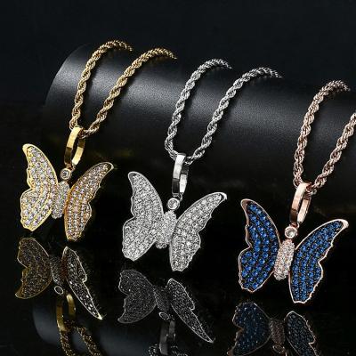 China Environmental Friendly Hip Hop Women Bling CZ Choker Butterfly Necklace Iced Out Butterfly Pendant Necklace for sale