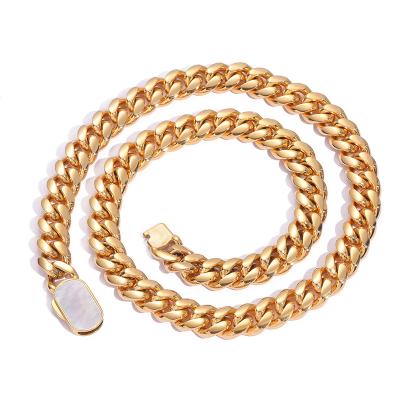 China New Style Environmental Friendly 8mm 12mm Cuban Link Chain Pave Shell Clasp 18K Gold Plated Stainless Steel Chain Necklace for sale