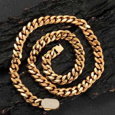 China NUOYA Hip Hop Stainless Steel Cuban Link Chain Environmental Friendly CNC Inlaid Diamond Clasp 18k Gold Cuban Necklace for sale