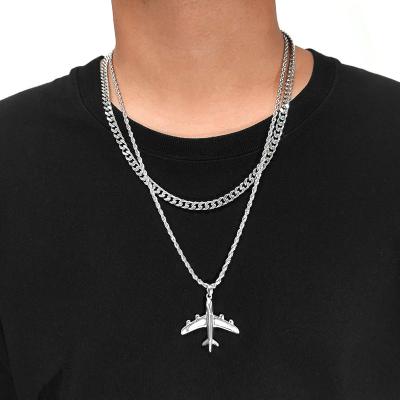 China Fashion Jewelry Double Layer Necklace Silver Aircraft Pendant Stainless Steel Cuban Chain Layered Necklace for sale