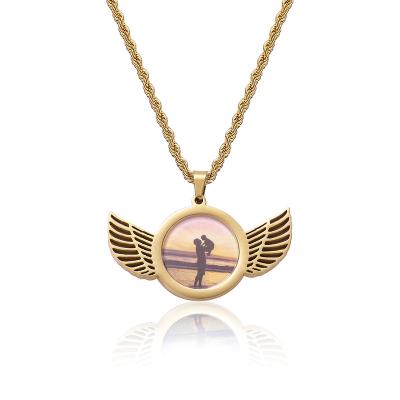 China Environmental Friendly 18K Gold Plated Stainless Steel Photo Pendant Hip Hop Jewelry Personalized Angel Wings Necklace Picture Pendant Custom Made for sale