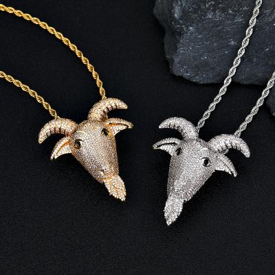 China Environmental Friendly Hip Hop Goat Head Pendant Silver Plated Brass Micro Pave CZ Stone Iced Out Animal Charm Pendant for sale