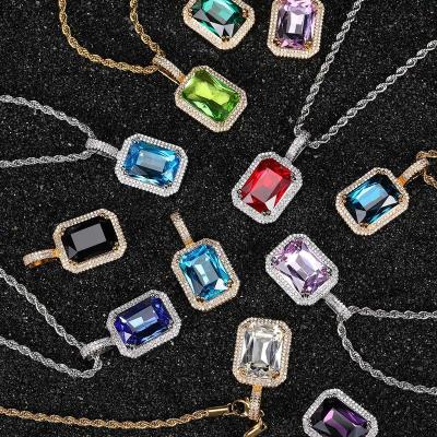 China Silver Zircon Punk Gold Rrectangular Hiphop Style Large Gemstone Iced Out Square Gem Stone Charm Pendant for sale