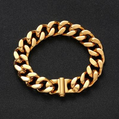 China Environmental Friendly Hip Hop Bracelet Men High Polished Stainless Steel Cuban Chain 18K Gold Plated Cuban Link Bracelet for sale