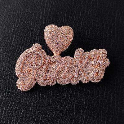 China Environmental Friendly Nuoya Personalized Rose Gold Iced Out CZ Cursive Letter Name Pendant Custom Crochet Heart Pendant for sale