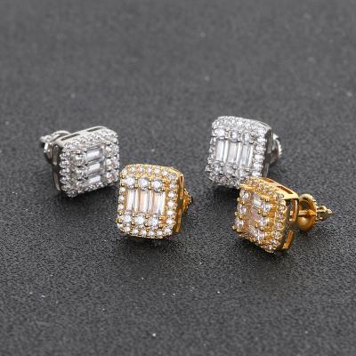 China Hiphop Fashion Gold Plated Diamond Stud Earring Rectangle 3A Zircon Iced Out Stud Earring For Women for sale