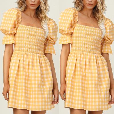 China Anti-wrinkle 2022 Spring And Sleeve Simple Plaid Women's Short Sleeve Mini Ruffle Ruffle Clavicle Style Summer Temperament News Short Dress for sale